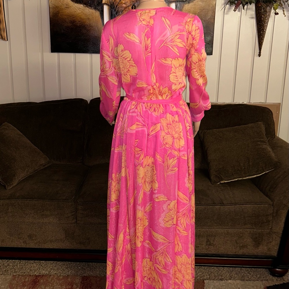 Alexa B Nites ~ Size 8 ~ Pink/Orange ~ Floral ~ Silver Metallic Thread ~ Dress - Picture 13 of 14